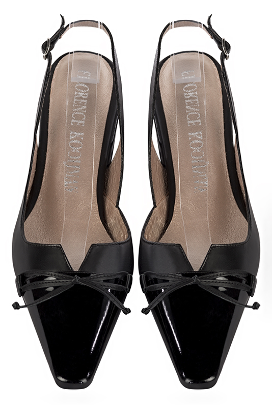 Gloss black women's open back shoes, with a knot. Tapered toe. Low block heels. Top view - Florence KOOIJMAN